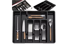 Organizator din bambus pentru sertare – suport de tacâmuri negru