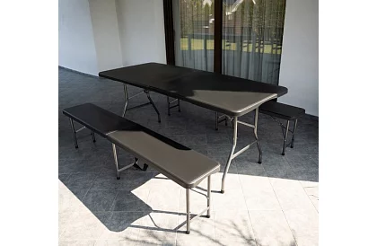 Masa de lucru pliabilă neagră 180 cm + 2 bănci