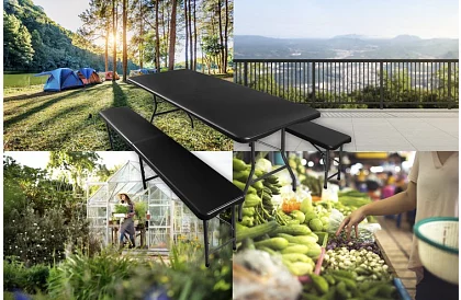 Masa de lucru pliabilă neagră 180 cm + 2 bănci