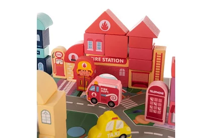 Blocuri de lemn oraș 100 bucăți cu suport și sortator de forme