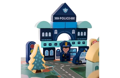 Blocuri de lemn oraș 100 bucăți cu suport și sortator de forme