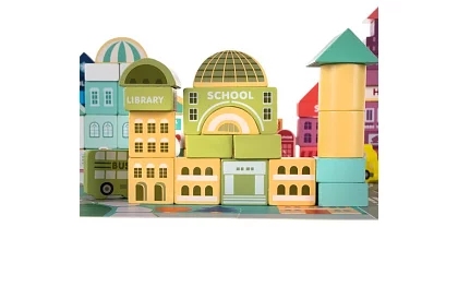 Blocuri de lemn oraș 100 bucăți cu suport și sortator de forme