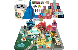 Blocuri de lemn oraș 100 bucăți cu suport și sortator de forme