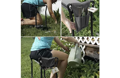 Bancă de grădină pliabilă 3 în 1 – bancă, scaun și organizator cu unelte