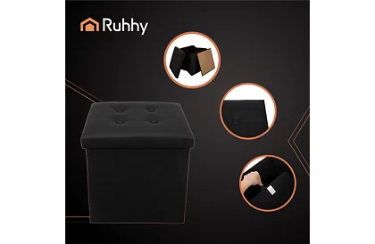 Taburet pliabil cu spațiu de depozitare – puf negru