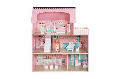 Casă de păpuși din lemn cu iluminare LED + mobilă și accesorii