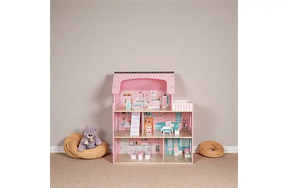 Casă de păpuși din lemn cu iluminare LED + mobilă și accesorii