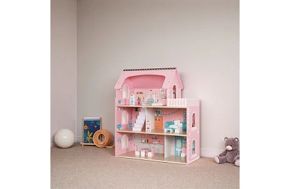 Casă de păpuși din lemn cu iluminare LED + mobilă și accesorii