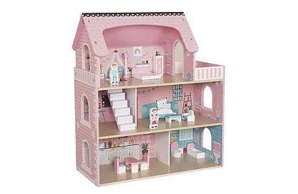 Casă de păpuși din lemn cu iluminare LED + mobilă și accesorii