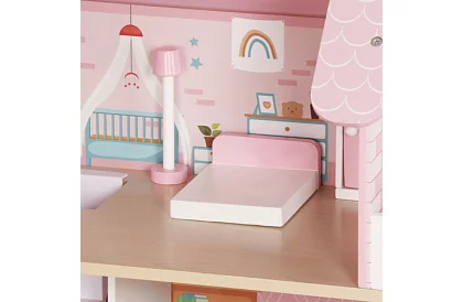 Casă de păpuși din lemn cu iluminare LED + mobilă și accesorii