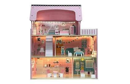 Casă de păpuși din lemn cu iluminare LED + mobilă și accesorii