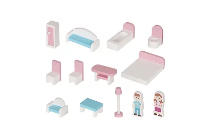 Casă de păpuși din lemn cu iluminare LED + mobilă și accesorii