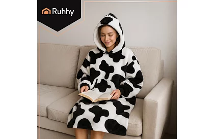 Oversize hanorac lung – design cu vaci alb-negru