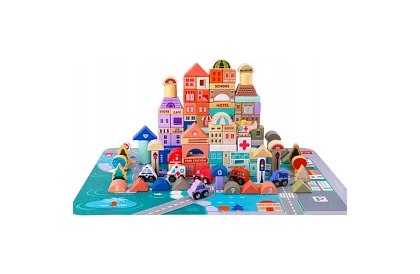 Blocuri de lemn – Oraș 115 bucăți cu suport