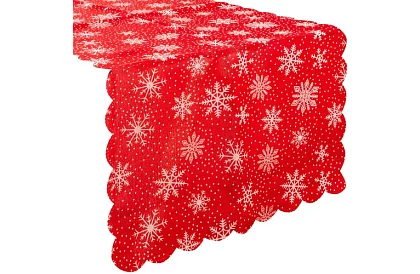 Culoar lung de Crăciun roșu cu fulgi de zăpadă – 150 x 35 cm
