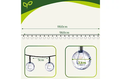 Șir decorativ de lumini solare pentru exterior Balls – 10 metri, alb cald