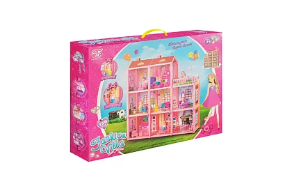 Casă de păpuși cu trei etaje, cu balcon + păpușă + 22 de piese de mobilier