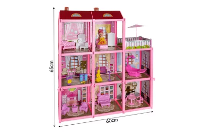 Casă de păpuși cu trei etaje, cu balcon + păpușă + 22 de piese de mobilier
