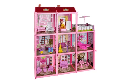 Casă de păpuși cu trei etaje, cu balcon + păpușă + 22 de piese de mobilier