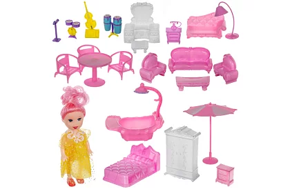 Casă de păpuși cu trei etaje, cu balcon + păpușă + 22 de piese de mobilier