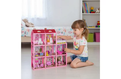 Casă de păpuși cu trei etaje, cu balcon + păpușă + 22 de piese de mobilier