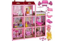 Casă de păpuși cu trei etaje, cu balcon + păpușă + 22 de piese de mobilier