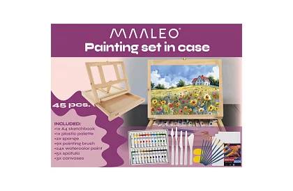 Set de pictură artistică de 45 de piese într-o cutie din lemn cu suport