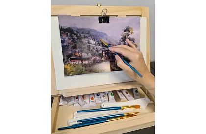 Set de pictură artistică de 45 de piese într-o cutie din lemn cu suport