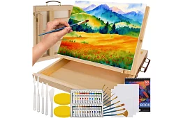 Set de pictură artistică de 45 de piese într-o cutie din lemn cu suport