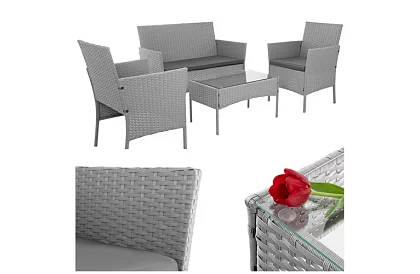 Set de mobilier de grădină – masă, canapea, 2 scaune – gri
