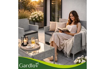 Set de mobilier de grădină – masă, canapea, 2 scaune – gri