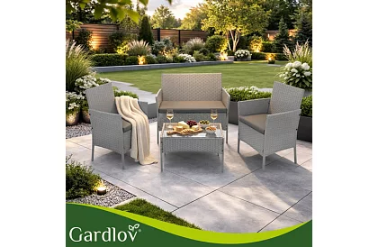 Set de mobilier de grădină – masă, canapea, 2 scaune – gri