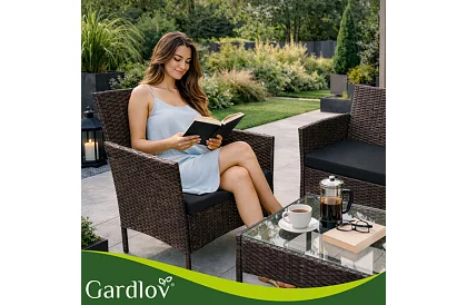 Set de mobilier de grădină – masă, canapea, 2 scaune – maro