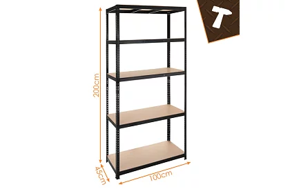Raft negru de depozitare – 5 rafturi, 220 × 100 × 45 cm
