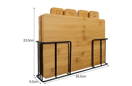 Set de 4 tăvițe din bambus pentru tăiere și servire + suport