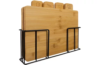 Set de 4 tăvițe din bambus pentru tăiere și servire + suport