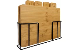 Set de 4 tăvițe din bambus pentru tăiere și servire + suport