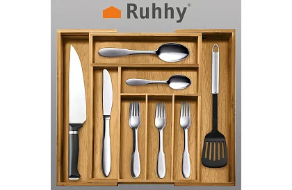 Organizator din bambus pentru sertare – suport de tacâmuri ajustabil