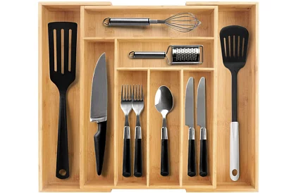 Organizator din bambus pentru sertare – suport de tacâmuri ajustabil