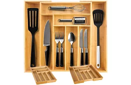 Organizator din bambus pentru sertare – suport de tacâmuri ajustabil