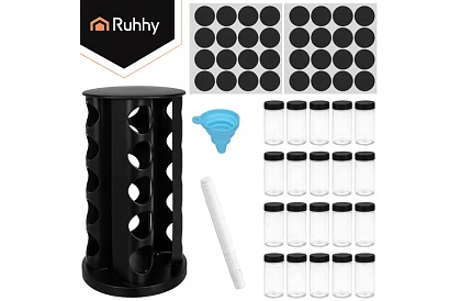 Suport rotativ pentru condimente + Set de 20 de recipiente pentru condimente