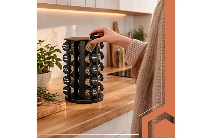 Suport rotativ pentru condimente + Set de 20 de recipiente pentru condimente