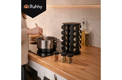 Suport rotativ pentru condimente + Set de 20 de recipiente pentru condimente