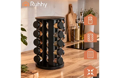 Suport rotativ pentru condimente + Set de 20 de recipiente pentru condimente