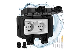 Priza de exterior dublă rezistentă la apă cu clapetă - IP66, 230V, 16A