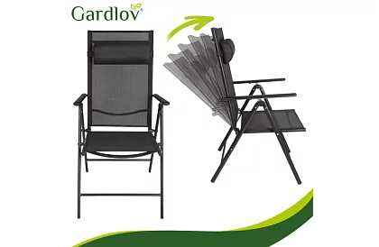 Scaune de grădină pliabile negre cu brațe și spătar – 2 bucăți