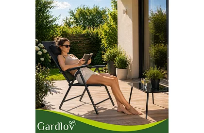 Scaune de grădină pliabile negre cu brațe și spătar – 2 bucăți