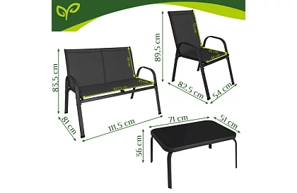 Mobilier de grădină canapea, 2 fotolii, masă – negru