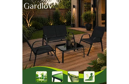 Mobilier de grădină canapea, 2 fotolii, masă – negru