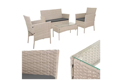 Set de mobilier de grădină – masă, canapea, 2 scaune – bej
